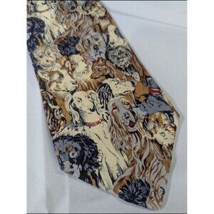 Museum Artifacts - Novelty Dog Print Silk Tie in Cream and Brown Tones